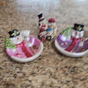 3 Festive Snowman Trinket Dishes candle holder not displayed